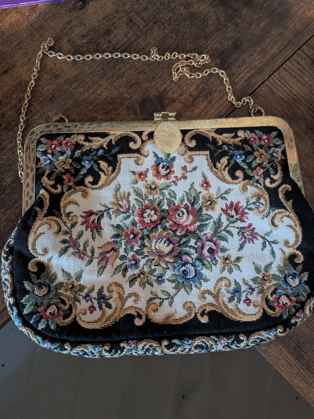 Vintage Style Floral Tapestry Evening Bag with Gold Frame
